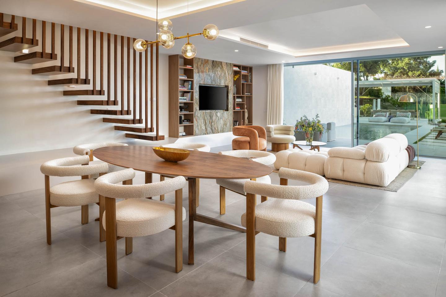 Dining area and floating staircase, Villa ALMA